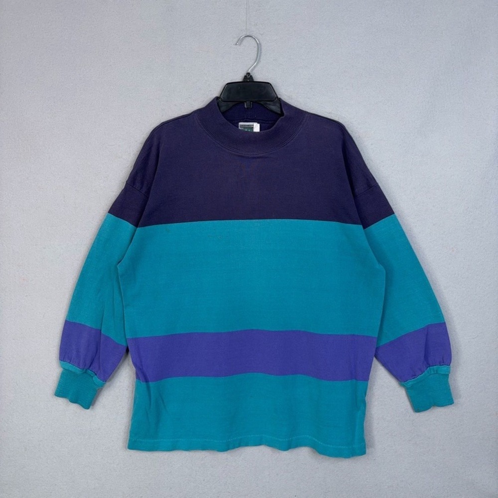 McIntosh & Seymour Pullover Mens L Teal Purple Striped Mock Neck Retro Rugby